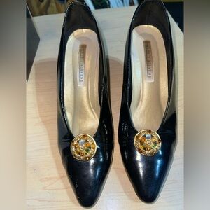 Valerie Stevens Vivian Stone Black Patent Heels with Gold Embellishment